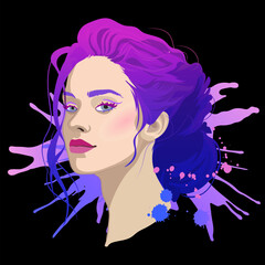 Portrait of a beautiful girl with purple dyed hair with a beam and splashes.