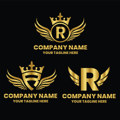 R initial letter with wing, crown logo, luxury logo,luxury shield, monogram logo design premium template vector