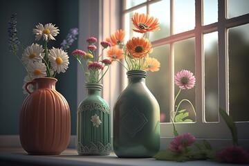 Flowers in vases on a windowsill . Generative AI