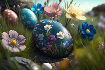 Obraz na płótnie Canvas Painted easter eggs on spring flowers field. Generative AI