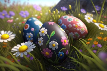 Obraz na płótnie Canvas Painted easter eggs on spring flowers field. Generative AI
