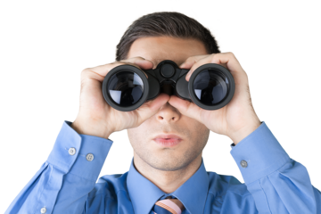 Young handsome man in shirt with binoculars