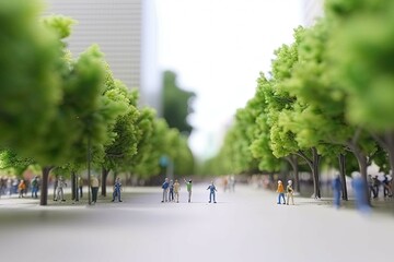 People walking at park with green trees in city. Model of city street in miniature, tilt shift. Created with Generative AI