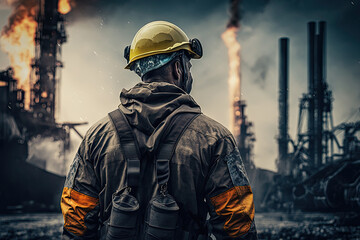 Naklejka premium Back view of industrial worker wearing protective uniform and safety helmet standing near heavy industry factory. Created with Generative AI