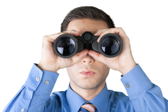 Young handsome man in shirt  with binoculars