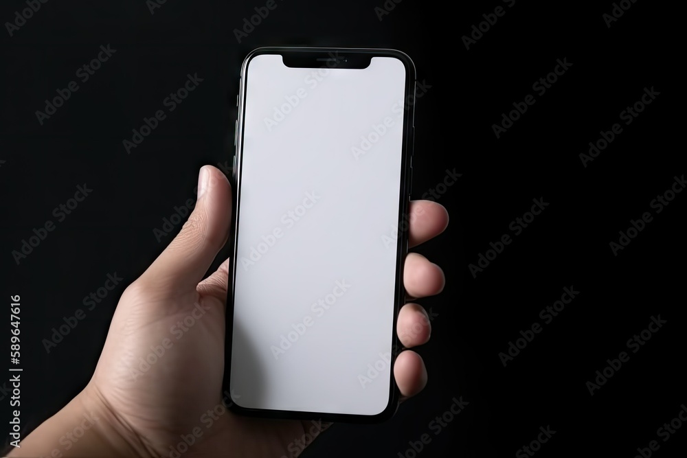 Poster man hand holding black smartphone isolated on white background, clipping path created with generativ