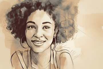 Happy woman portrait. Drawing of beautiful smiling woman. Created with Generative AI