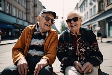 Elderly couple have fun at city street. Elderly man and woman are walking together, smiling and fooling around. Happy old age. Created with Generative AI