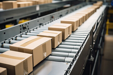 Automatic production line, conveyor belt with boxes. Generative AI