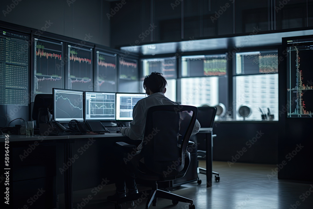 Poster trader at workplace analising stock exchange graphs. man sitting at table, looking at screen with st