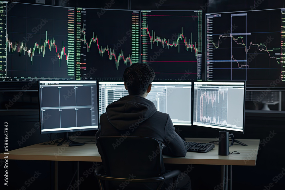 Poster trader at workplace analising stock exchange graphs. man sitting at table, looking at screen with st