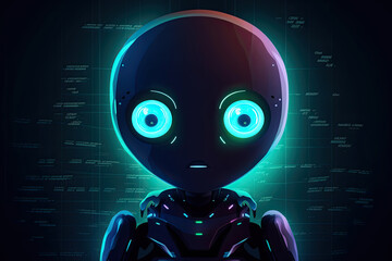 Visualization of robot assistant or chat bot on web site. Cute robot with big eyes on dark background. Created with Generative AI