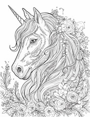 Unicorn close-up black and white picture