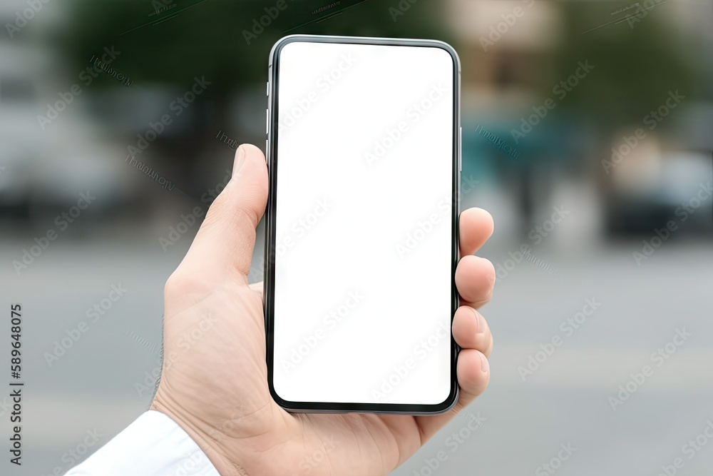 Poster man hand holding black smartphone isolated on white background, clipping path created with generativ
