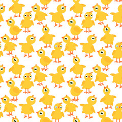 Fototapeta premium Hand drawn Easter seamless pattern, yellow chicks on the white background, great for banners, wallpapers, wrapping.