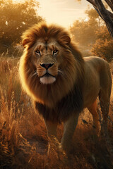 Plakat Portrait of a lion on the background of sunset and nature. AI
