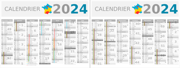 Calendrier 2024 14 mois au format 320 x 420 mm recto verso entièrement modifiable via calques et texte sans serif - vacances officielles