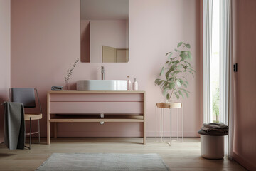 Naklejka na ściany i meble Generative AI illustration of minimalist bathroom with powdery colors walls, birch plywood bathroom cabinet,