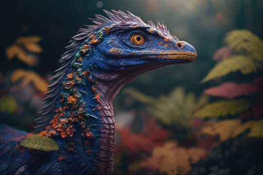 Eoraptor Colorful Dangerous Dinosaur in Lush Prehistoric Nature by Generative AI