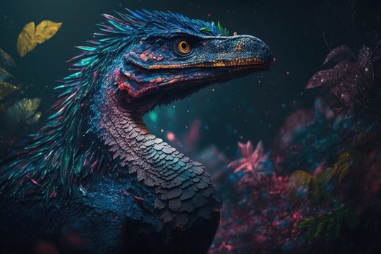 Eoraptor Colorful Dangerous Dinosaur in Lush Prehistoric Nature by Generative AI