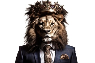 Portrait of a lion king in a suit and crown. Isolated on white background. generative ai