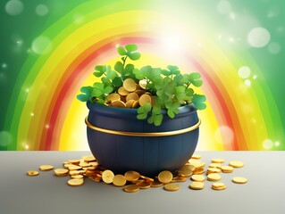 Pot with gold coins and clover leaves on colorful rainbow background.