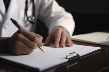 Naklejka premium Close-up of doctor medical professional wearing uniform taking notes, physician, therapist or practitioner filling medical documents, writing prescription for patient. Health care, medicine concept