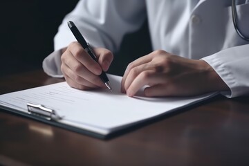 Close-up of doctor medical professional wearing uniform taking notes, physician, therapist or practitioner filling medical documents, writing prescription for patient. Health care, medicine concept