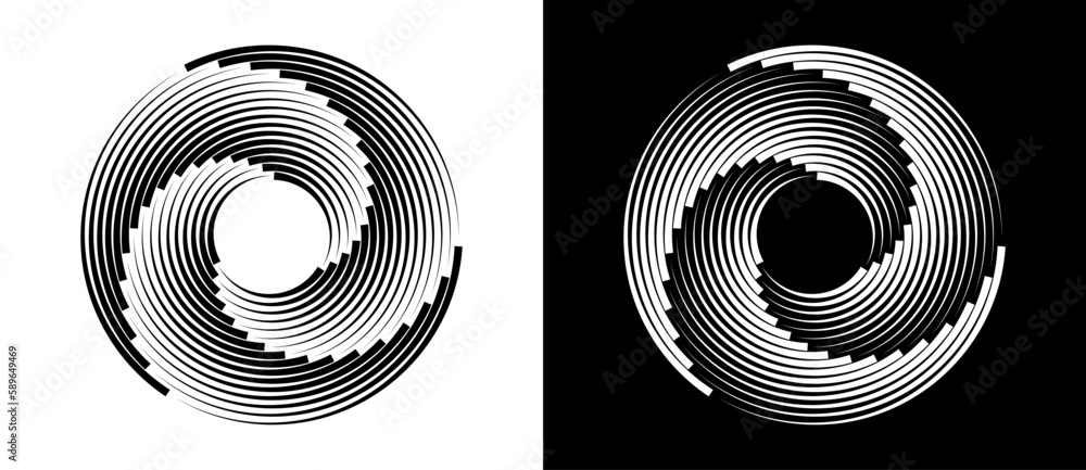 Poster Abstract background with speed lines. Halftone design in circles. Creative spiral as logo or icon. Black lines on a white background and white lines on the black side.