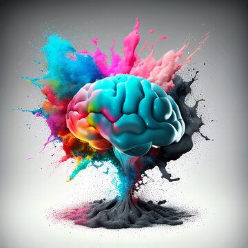 Human brain exploding in multiple colors, with bursts of paint and powder. Abstract concept for creativity, ideas, imagination, creative thinking, knowledge, art.  Generative AI 