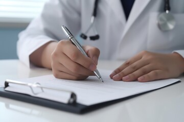 Fototapeta premium Close-up of doctor medical professional wearing uniform taking notes, physician, therapist or practitioner filling medical documents, writing prescription for patient. Health care, medicine concept