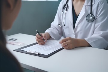 Doctor and patient talking in medical office at hospital. Closeup of doctor medical professional hands taking notes and writing prescription for patient during a consultation. Medicine and healthcare