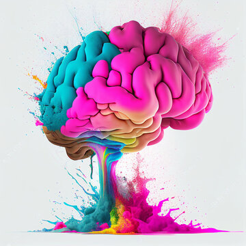 Human brain exploding in multiple colors, with bursts of paint and powder. Abstract concept for creativity, ideas, imagination, creative thinking, knowledge, art.  Generative AI 