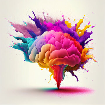 Human brain exploding in multiple colors, with bursts of paint and powder. Abstract concept for creativity, ideas, imagination, creative thinking, knowledge, art.  Generative AI 