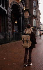 A girl wandering through streets of Amsterdam. As she walks among colorful buildings, bicycles, and local businesses, she has the opportunity to discover the historical and cultural features of city.