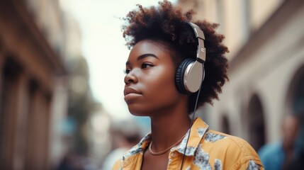 Young beautiful woman in headphones enjoying life outdoor. Happy african american student girl listening to music in a city. Summer fun, student lifestyle, city life, travel concept