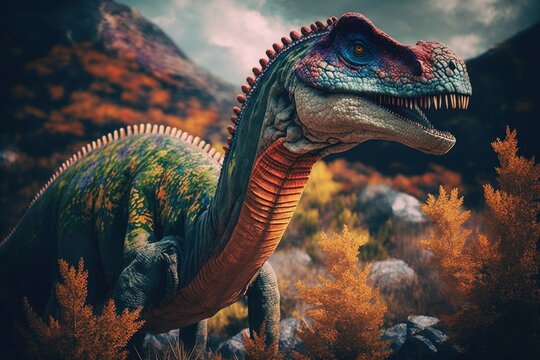 Mamenchisaurus Colorful Dangerous Dinosaur in Lush Prehistoric Nature by Generative AI