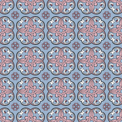 Celtic seamless pattern, colorful abstract tile in pink, white and blue colors.