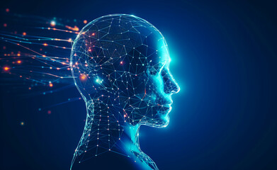 Futuristic medical technology abstract head abstract head graph of a person with graphs and cables on a background. Hi tech Wireframe human AI system concept - obrazy, fototapety, plakaty