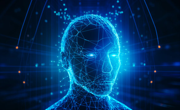 Futuristic medical technology abstract head abstract head graph of a person with graphs and cables on a background. Hi tech Wireframe human AI system concept