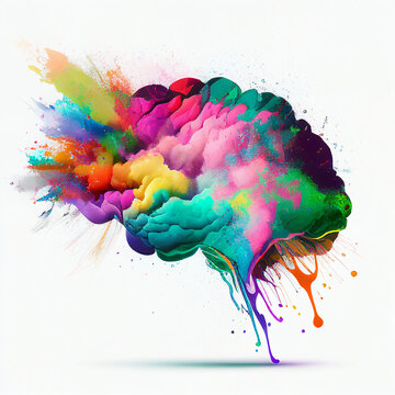 Human brain exploding in multiple colors, with bursts of paint and powder. Abstract concept for creativity, ideas, imagination, creative thinking, knowledge, art.  Generative AI 