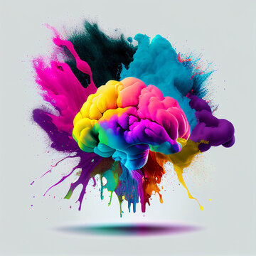Human brain exploding in multiple colors, with bursts of paint and powder. Abstract concept for creativity, ideas, imagination, creative thinking, knowledge, art.  Generative AI 