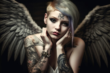 Angelic Maiden with Demonic Tattoos and a Wistful Expression, generative ai
