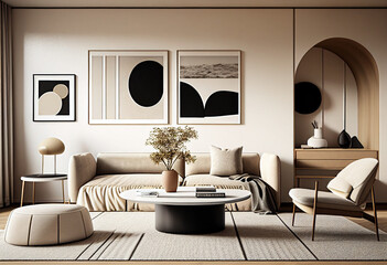 modern living room in the modern residential space, in the style of muted tones, rounded shapes, minimalistic Japanese design, light brown and beige, , 3D Rendered AI Generative