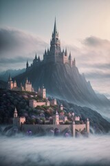 Naklejka na ściany i meble Citadel in the clouds, big old castle, generative ai art illustration 11