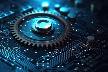 Gear wheel on circuit board. Generative AI.