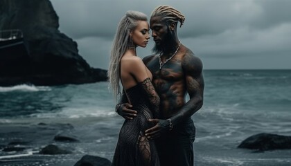 american couple in love, happy and beautiful people, an afro man and a beautiful girl, hugging against the backdrop of an expensive yacht during a wedding ceremony. Generative AI.