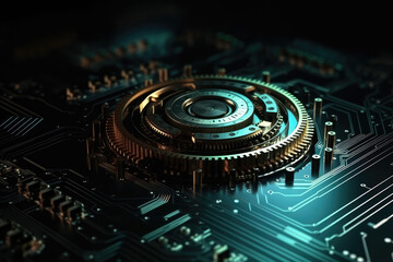 Fototapeta premium Gear wheel on circuit board. Generative AI.