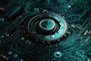 Gear wheel on circuit board. Generative AI.