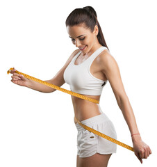 The girl taking measurements of her body in white fitness clothes
